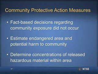 • Fact-based decisions regarding
community exposure did not occur
• Estimate endangered area and
potential harm to community
• Determine concentrations of released
hazardous material within area
47
Community Protective Action Measures
 