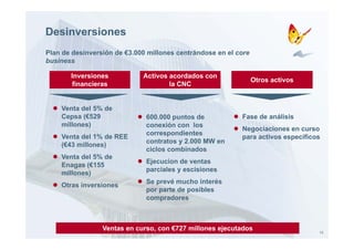 Desinversiones
Plan de desinversión de €3.000 millones centrándose en el core
business

        Inversiones             Activos acordados con
                                                                 Otros activos
         financieras                    la CNC


  ●   Venta del 5% de
      Cepsa (€529           ●   600.000 puntos de         ●   Fase de análisis
      millones)                 conexión con los
                                correspondientes
                                                          ●   Negociaciones en curso
  ●   Venta del 1% de REE                                     para activos específicos
                                contratos y 2.000 MW en
      (€43 millones)
                                ciclos combinados
  ●   Venta del 5% de
      Enagas (€155
                            ●   Ejecucion de ventas
                                parciales y escisiones
      millones)
  ●   Otras inversiones
                            ●   Se prevé mucho interés
                                por parte de posibles
                                compradores



                  Ventas en curso, con €727 millones ejecutados                      15
 