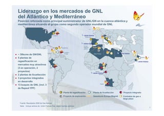 Liderazgo en los mercados de GNL
  del Atlántico y Mediterráneo
  Posición reforzada como principal suministrador de GNL/GN en la cuenca atlántica y
  mediterránea situando al grupo como segundo operador mundial de GNL
                                                                                                                      C Norway


                                               R
                                              Canaport
                                                                                            Reqanosa                                     Trieste
                                                                                                                                        R
                                                                                                         R

                                                                                                                                                 R
                                                                                                                                  Taranto
                                                                                                                 R
                                                                                                                     Sagunto
                                                                                                                       g
                                                                                          Europe
                                                               Ecoeléctrica               Maghreb
                                                       R                                                                                                 Damietta
                                                                                          pipeline
                                                                                                                                                                    L
                                                                                                                      EP
                                                   C       L        Trinidad y
                                                                                                                                                     C
● ~ 30bcms de GN/GNL                                                Tobago                                   Gassi Chergui
                                                                                                                                                                                        C

● 5 plantas de                                                                                                                                                                              C
                                                                                                                                                                                                L Qalhat
                                                                                                                                                                                                  Q


  regasificación en
  mercados muy atractivos
                                          L
                                                                                                                             IP    C
  (3 en operación, 2                   Peru


  proyectos)                                                                                                    Nigeria                IP

● 2 plantas de licuefacción                                                                                            Guinea


● 3 proyectos integrados
  en desarrollo
                                                                                                                          Angola            IP
● 13 b q es de GNL (incl 3
     buques           (incl.
  de Repsol YPF)
                                                               R    Planta de regasificación         L       Planta de licuefacción                                     IP   Proyecto integrado
                                                               EP   Proyecto de exploración                  Gasoducto Europa Magreb                                    C    Contratos de gas a
                                                                                                                                                                             largo plazo

    Fuente: Resultados 2008 de Gas Natural
    Nota: Incluye activos de Unión Fenosa Gas, según fuentes públicas
                                                                                                                                                                                                           7
 