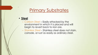 .
Primary Substrates
• Steel
– Carbon Steel – Easily attacked by the
environment in which it is placed and will
begin to revert back to iron ore.
– Stainless Steel - Stainless steel does not stain,
corrode, or rust as easily as ordinary steel.
 