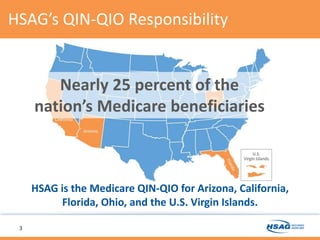 HSAG’s QIN-QIO Responsibility
3
HSAG is the Medicare QIN-QIO for Arizona, California,
Florida, Ohio, and the U.S. Virgin Islands.
Nearly 25 percent of the
nation’s Medicare beneficiaries
 