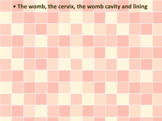 • The womb, the cervix, the womb cavity and lining
 