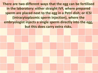 There are two different ways that the egg can be fertilised
   in the laboratory: either straight IVF, where prepared
  sperm are placed next to the egg in a Petri dish; or ICSI
       (intracytoplasmic sperm injection), where the
 embryologist injects a single sperm directly into the egg,
               but this does carry extra risks.
 