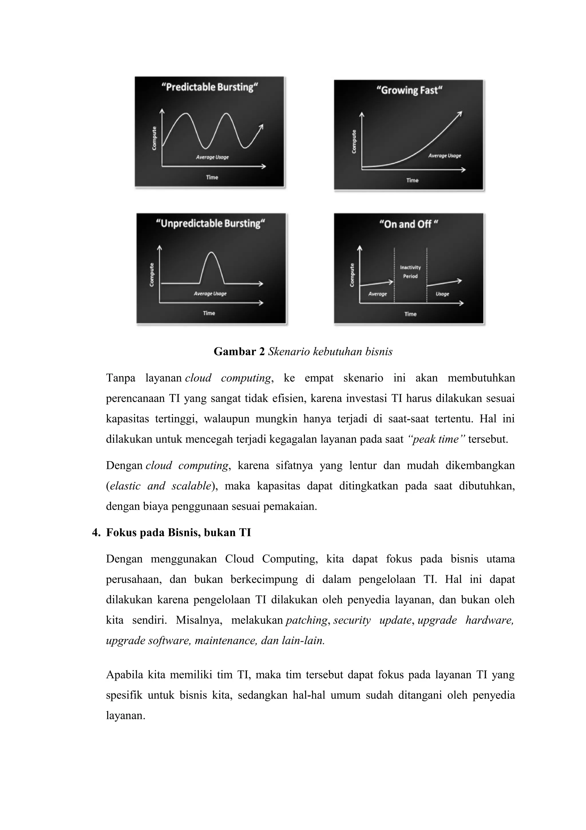 Gambar 2 Skenario kebutuhan bisnis

  Tanpa layanan cloud computing, ke empat skenario ini akan membutuhkan
  perencanaan TI yang sangat tidak efisien, karena investasi TI harus dilakukan sesuai
  kapasitas tertinggi, walaupun mungkin hanya terjadi di saat-saat tertentu. Hal ini
  dilakukan untuk mencegah terjadi kegagalan layanan pada saat “peak time” tersebut.

  Dengan cloud computing, karena sifatnya yang lentur dan mudah dikembangkan
  (elastic and scalable), maka kapasitas dapat ditingkatkan pada saat dibutuhkan,
  dengan biaya penggunaan sesuai pemakaian.

4. Fokus pada Bisnis, bukan TI

  Dengan menggunakan Cloud Computing, kita dapat fokus pada bisnis utama
  perusahaan, dan bukan berkecimpung di dalam pengelolaan TI. Hal ini dapat
  dilakukan karena pengelolaan TI dilakukan oleh penyedia layanan, dan bukan oleh
  kita sendiri. Misalnya, melakukan patching, security update, upgrade hardware,
  upgrade software, maintenance, dan lain-lain.

  Apabila kita memiliki tim TI, maka tim tersebut dapat fokus pada layanan TI yang
  spesifik untuk bisnis kita, sedangkan hal-hal umum sudah ditangani oleh penyedia
  layanan.
 