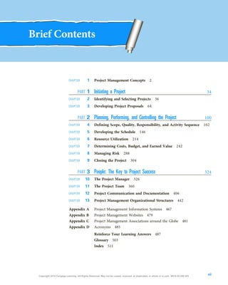 Brief Contents
CHAPTER 1 Project Management Concepts 2
PART 1 Initiating a Project 34
CHAPTER 2 Identifying and Selecting Projects 36
CHAPTER 3 Developing Project Proposals 64
PART 2 Planning, Performing, and Controlling the Project 100
CHAPTER 4 Defining Scope, Quality, Responsibility, and Activity Sequence 102
CHAPTER 5 Developing the Schedule 146
CHAPTER 6 Resource Utilization 214
CHAPTER 7 Determining Costs, Budget, and Earned Value 242
CHAPTER 8 Managing Risk 288
CHAPTER 9 Closing the Project 304
PART 3 People: The Key to Project Success 324
CHAPTER 10 The Project Manager 326
CHAPTER 11 The Project Team 360
CHAPTER 12 Project Communication and Documentation 406
CHAPTER 13 Project Management Organizational Structures 442
Appendix A Project Management Information Systems 467
Appendix B Project Management Websites 479
Appendix C Project Management Associations around the Globe 481
Appendix D Acronyms 485
Reinforce Your Learning Answers 487
Glossary 503
Index 511
vii
Copyright 2018 Cengage Learning. All Rights Reserved. May not be copied, scanned, or duplicated, in whole or in part. WCN 02-200-203
 