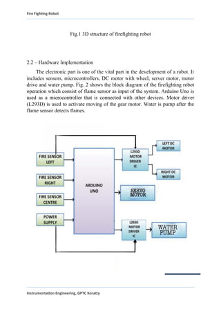 Fire Fighting Robot
Fig.1 3D structure of firefighting robot
2.2 – Hardware Implementation
The electronic part is one of the vital part in the development of a robot. It
includes sensors, microcontrollers, DC motor with wheel, server motor, motor
drive and water pump. Fig. 2 shows the block diagram of the firefighting robot
operation which consist of flame sensor as input of the system. Arduino Uno is
used as a microcontroller that is connected with other devices. Motor driver
(L293D) is used to activate moving of the gear motor. Water is pump after the
flame sensor detects flames.
Instrumentation Engineering, GPTC Koratty
 