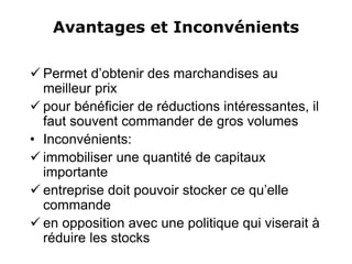 Avantages et Inconvénients
 Permet d’obtenir des marchandises au
meilleur prix
 pour bénéficier de réductions intéressantes, il
faut souvent commander de gros volumes
• Inconvénients:
 immobiliser une quantité de capitaux
importante
 entreprise doit pouvoir stocker ce qu’elle
commande
 en opposition avec une politique qui viserait à
réduire les stocks
 