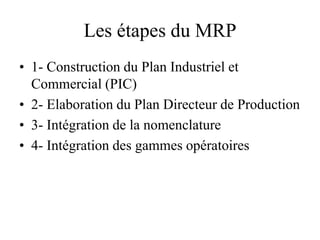 Les étapes du MRP
• 1- Construction du Plan Industriel et
Commercial (PIC)
• 2- Elaboration du Plan Directeur de Production
• 3- Intégration de la nomenclature
• 4- Intégration des gammes opératoires
 