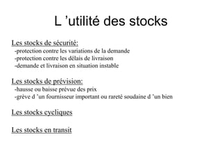 L ’utilité des stocks
Les stocks de sécurité:
-protection contre les variations de la demande
-protection contre les délais de livraison
-demande et livraison en situation instable
Les stocks de prévision:
-hausse ou baisse prévue des prix
-grève d ’un fournisseur important ou rareté soudaine d ’un bien
Les stocks cycliques
Les stocks en transit
 