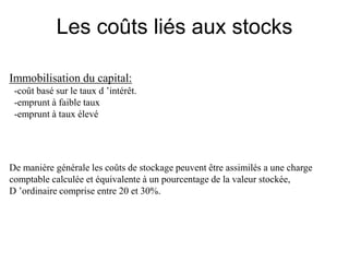 Les coûts liés aux stocks
Immobilisation du capital:
-coût basé sur le taux d ’intérêt.
-emprunt à faible taux
-emprunt à taux élevé
De manière générale les coûts de stockage peuvent être assimilés a une charge
comptable calculée et équivalente à un pourcentage de la valeur stockée,
D ’ordinaire comprise entre 20 et 30%.
 