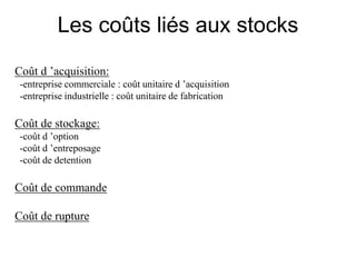 Les coûts liés aux stocks
Coût d ’acquisition:
-entreprise commerciale : coût unitaire d ’acquisition
-entreprise industrielle : coût unitaire de fabrication
Coût de stockage:
-coût d ’option
-coût d ’entreposage
-coût de detention
Coût de commande
Coût de rupture
 