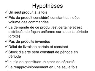 Hypothèses
 Un seul produit à la fois
 Prix du produit considéré constant et indép.
volume des commandes
 La demande de ce produit est certaine et est
distribuée de façon uniforme sur toute la période
[droite]
 Pas de produits invendus
 Délai de livraison certain et constant
 Stock d’alerte sera constant de période en
période
 Inutile de constituer un stock de sécurité
 Le réapprovisionnement en une seule fois
 