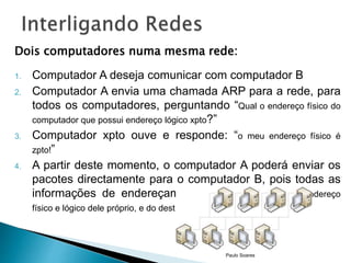 Dois computadores numa mesma rede: 
1. Computador A deseja comunicar com computador B 
2. Computador A envia uma chamada ARP para a rede, para 
todos os computadores, perguntando “Qual o endereço físico do 
computador que possui endereço lógico xpto?” 
3. Computador xpto ouve e responde: “o meu endereço físico é 
zpto!” 
4. A partir deste momento, o computador A poderá enviar os 
pacotes directamente para o computador B, pois todas as 
informações de endereçamento estão presentes (endereço 
físico e lógico dele próprio, e do destino). 
Paulo Soares 
 