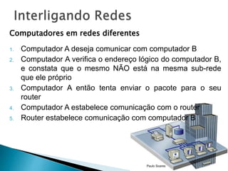 Computadores em redes diferentes 
1. Computador A deseja comunicar com computador B 
2. Computador A verifica o endereço lógico do computador B, 
e constata que o mesmo NÃO está na mesma sub-rede 
que ele próprio 
3. Computador A então tenta enviar o pacote para o seu 
router 
4. Computador A estabelece comunicação com o router 
5. Router estabelece comunicação com computador B 
Paulo Soares 
 