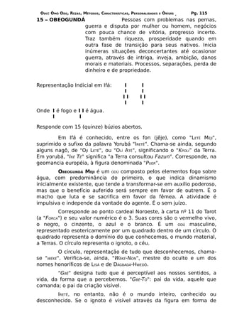 ODÚ: ÒMÓ ODÚ, REZAS, MÉTODOS, CARACTERÍSTICAS, PERSONALIDADES   E   ÒRÌSÁS   Pg. 115
15 – OBEOGUNDÁ                         Pessoas com problemas nas pernas,
                        guerra e disputa por mulher ou homem, negócios
                        com pouca chance de vitória, progresso incerto.
                        Traz também riqueza, prosperidade quando em
                        outra fase de transição para seus nativos. Inicia
                        inúmeras situações deconcertantes até ocasionar
                        guerra, através de intriga, inveja, ambição, danos
                        morais e materiais. Processos, separações, perda de
                        dinheiro e de propriedade.


Representação Indicial em Ifá:             I        I
                                           I        I
                                           II       II
                                           I        I
Onde I é fogo e I I é água.
     I          I

Responde com 15 (quinze) búzios abertos.

        Em Ifá é conhecido, entre os fon (jêje), como "LETÊ MEJI",
suprimido o sufixo da palavra Yorubá "IRETÊ". Chama-se ainda, segundo
alguns nagô, de "OJÍ LETÊ", ou "OLÍ ATÊ", significando o “KPOLI” da Terra.
Em yorubá, "IRÊ TÊ" significa "a Terra consultou Fazun". Corresponde, na
geomancia européia, à figura denominada "PUER".
         OBEOGUNDÁ MEJI é um ODÚ composto pelos elementos fogo sobre
água, com predominância do primeiro, o que indica dinamismo
inicialmente existente, que tende a transformar-se em auxílio poderoso,
mas que o benefício auferido será sempre em favor de outrem. É o
macho que luta e se sacrifica em favor da fêmea. A atividade é
impulsiva e independe da vontade do agente. É o sem juízo.
         Corresponde ao ponto cardeal Noroeste, à carta nº 11 do Tarot
(a "FORCA") e seu valor numérico é o 3. Suas cores são o vermelho vivo,
o negro, o cinzento, o azul e o branco. É um ODÚ masculino,
representado esotericamente por um quadrado dentro de um círculo. O
quadrado representa o domínio do que conhecemos, o mundo material,
a Terras. O círculo representa o ignoto, o céu.
         O círculo, representação de tudo que desconhecemos, chama-
se "WÉKÉ". Verifica-se, ainda, "WÉKÉ-NON", mestre do oculto e um dos
nomes honoríficos de LISÁ e de DÀGBADÁ-HWEDÔ.
        "GBÊ" designa tudo que é perceptível aos nossos sentidos, a
vida, da forma que a percebemos. "GBÊ-TO": pai da vida, aquele que
comanda; o pai da criação visível.
       IRETÊ, no entanto, não é o mundo inteiro, conhecido ou
desconhecido. Se o ignoto é visível através da figura em forma de
 