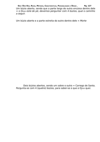 ODÚ: ÒMÓ ODÚ, REZAS, MÉTODOS, CARACTERÍSTICAS, PERSONALIDADES   E   ÒRÌSÁS   Pg. 127
Um búzio aberto, sendo que a parte larga do outro encaixa dentro dele
= o ORÌSÁ está de pé, devemos perguntar com 4 búzios, qual o caminho
a seguir.


Um búzio aberto e a parte estreita do outro dentro dele = Morte




      Dois búzios abertos, sendo um sobre o outro = Carrego de Santo.
Pergunta-se com 4 (quatro) búzios, para saber-se o que o ORÌSÁ quer.
 