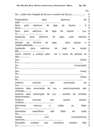 ODÚ: ÒMÓ ODÚ, REZAS, MÉTODOS, CARACTERÍSTICAS, PERSONALIDADES           E   ÒRÌSÁS          Pg. 135


                                                                                                        PAG.
ODÚ - ordem de chegada de ORÙNMILÁ e ordem de OSETURÁ.....................                                  0
                                                                                                            2
Preparativos                             para                      abertura                 de              0
jogo..............................................................                                          3
Reza          para         abertura           de        jôgo        de     buzios     –      A              0
MOJUBÁ......................................                                                                4
Reza         para          abertura          de       jôgo         de     buzios    –     IJUBÁ             0
IFÁ.........................................                                                                8
Saudação              para          abertura           do         jogo,     pelo     sistema                0
IFÁ....................................                                                                     9
Oração           ao        término           do       jogo,             para     passar       a             0
responsabilidade..................                                                                          9
Saudação               para           abertura            do         jogo      na      nação                1
Jêje.......................................                                                                 0
Como chamar a cabeça para                                 ver o santo da pessoa no                          1
jêje.................                                                                                       1
ORÍKI                                                                                             (reza)    1
ÈSÚ...................................................................................................      2
ÒFÓ                                                                                      (invocação)        1
ÈSÚ........................................................................................                 2
ORÍN                                                                                              (reza)    1
ÒRÍ...................................................................................................      3
IJUBÁ                                                                                             (reza)    1
ÒRÍ...................................................................................................      3
Sistema                   oracular                  pela                 amarração                     de   1
IGBÔ...................................................                                                     4
Sistema pela amarração de IGBÔ – posicionamento dos                                                         1
símbolos...........                                                                                         7
Sistema pela amarração de IGBÔ – escolha do símbolo                                                         1
determinante....                                                                                            7
Sistema                   oracular                   dos                quatro                   pontos     2
cardeais..............................................                                                      0
Elementos                   comuns                 a            todos                os             Ebós    2
ODÚ.......................................................                                                  1
Elementos                 específicos                dos            Ebós              de            cada    2
ODÚ.............................................                                                            2
Caídas                                     com                                       características        2
especiais...........................................................                                        3
Situações              (caídas)            que            envolvem               sempre               Ebó   2
IKÚ.......................................                                                                  5
 