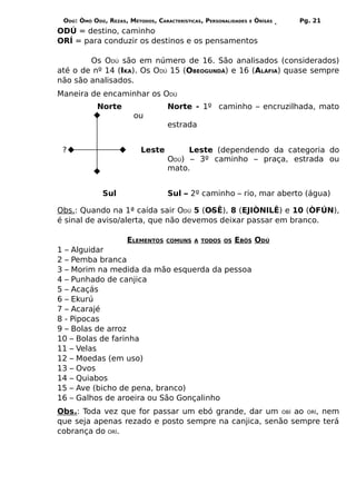 ODÚ: ÒMÓ ODÚ, REZAS, MÉTODOS, CARACTERÍSTICAS, PERSONALIDADES   E   ÒRÌSÁS   Pg. 21
ODÚ = destino, caminho
ORÍ = para conduzir os destinos e os pensamentos

        Os ODÚ são em número de 16. São analisados (considerados)
até o de nº 14 (IKA). Os ODÚ 15 (OBEOGUNDÁ) e 16 (ALÁFIA) quase sempre
não são analisados.
Maneira de encaminhar os ODÚ
            Norte                  Norte - 1º caminho – encruzilhada, mato
                        ou
                                   estrada


 ?                        Leste         Leste (dependendo da categoria do
                                   ODÚ) – 3º caminho – praça, estrada ou
                                   mato.


             Sul                   Sul – 2º caminho – rio, mar aberto (água)

Obs.: Quando na 1ª caída sair ODÚ 5 (OSÊ), 8 (EJIÒNILÊ) e 10 (ÒFÚN),
é sinal de aviso/alerta, que não devemos deixar passar em branco.

                      ELEMENTOS    COMUNS A TODOS OS     EBÓS ODÚ
1 – Alguidar
2 – Pemba branca
3 – Morim na medida da mão esquerda da pessoa
4 – Punhado de canjica
5 – Acaçás
6 – Ekurú
7 – Acarajé
8 - Pipocas
9 – Bolas de arroz
10 – Bolas de farinha
11 – Velas
12 – Moedas (em uso)
13 – Ovos
14 – Quiabos
15 – Ave (bicho de pena, branco)
16 – Galhos de aroeira ou São Gonçalinho
Obs.: Toda vez que for passar um ebó grande, dar um OBÍ ao ORÍ, nem
que seja apenas rezado e posto sempre na canjica, senão sempre terá
cobrança do ORÍ.
 