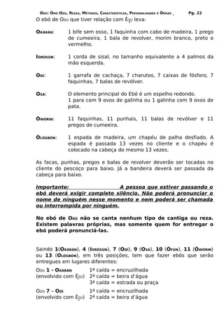 ODÚ: ÒMÓ ODÚ, REZAS, MÉTODOS, CARACTERÍSTICAS, PERSONALIDADES   E   ÒRÌSÁS   Pg. 22
O ebó de ODÚ que tiver relação com ÈSÚ leva:

OKÀRÁN:        1 bife sem osso, 1 faquinha com cabo de madeira, 1 prego
               de cumeeira, 1 bala de revolver, morim branco, preto e
               vermelho.

IÒRÒSÚN:       1 corda de sisal, no tamanho equivalente a 4 palmos da
               mão esquerda.

ODÍ:           1 garrafa de cachaça, 7 charutos, 7 caixas de fósforo, 7
               faquinhas, 7 balas de revólver.

OSÁ:           O elemento principal do Ebó é um espelho redondo.
               1 para com 9 ovos de galinha ou 1 galinha com 9 ovos de
               pata.

ÒWÓRIN:        11 faquinhas, 11 punhais, 11 balas de revólver e 11
               pregos de cumeeira.

ÒLÒGBÓN:       1 espada de madeira, um chapéu de palha desfiado. A
               espada é passada 13 vezes no cliente e o chapéu é
               colocado na cabeça do mesmo 13 vezes.

As facas, punhas, pregos e balas de revolver deverão ser tocadas no
cliente do pescoço para baixo. Já a bandeira deverá ser passada da
cabeça para baixo.

Importante:                  A pessoa que estiver passando o
ebó deverá exigir completo silêncio. Não poderá pronunciar o
nome de ninguém nesse momento e nem poderá ser chamada
ou interrompida por ninguém.

No ebó de ODÚ não se canta nenhum tipo de cantiga ou reza.
Existem palavras próprias, mas somente quem for entregar o
ebó poderá pronunciá-las.


Saindo 1(OKÀRÁN), 4 (IORÒSÚN), 7 (ODÍ), 9 (OSÁ), 10 (ÒFÚN), 11 (ÒWÓRIN)
ou 13 (OLÒGBÓN), em três posições, tem que fazer ebós que serão
entregues em lugares diferentes:
ODÚ 1 - OKÀRÁN      1ª caída = encruzilhada
(envolvido com ÈSÚ) 2ª caída = beira d’água
                    3ª caída = estrada ou praça
ODÚ 7 – ODÍ         1ª caída = encruzilhada
(envolvido com ÈSÚ) 2ª caída = beira d’água
 