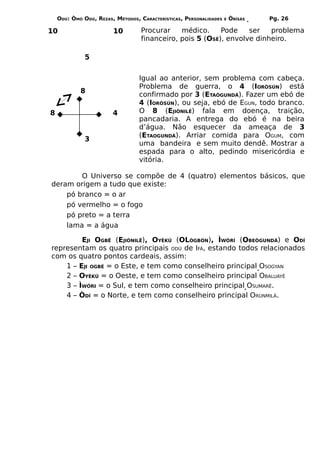 ODÚ: ÒMÓ ODÚ, REZAS, MÉTODOS, CARACTERÍSTICAS, PERSONALIDADES   E   ÒRÌSÁS   Pg. 26

10                      10         Procurar    médico.     Pode    ser   problema
                                   financeiro, pois 5 (OSÊ), envolve dinheiro.

              5


                                  Igual ao anterior, sem problema com cabeça.
                                  Problema de guerra, o 4 (IORÒSÚN) está
            8
                                  confirmado por 3 (ETAÒGUNDÁ). Fazer um ebó de
                                  4 (IORÒSÚN), ou seja, ebó de EGUN, todo branco.
8                       4         O 8 (EJIÒNILÊ) fala em doença, traição,
                                  pancadaria. A entrega do ebó é na beira
                                  d’água. Não esquecer da ameaça de 3
                                  (ETAOGUNDÁ). Arriar comida para OGUM, com
              3
                                  uma bandeira e sem muito dendê. Mostrar a
                                  espada para o alto, pedindo misericórdia e
                                  vitória.

        O Universo se compõe de 4 (quatro) elementos básicos, que
deram origem a tudo que existe:
    pó branco = o ar
    pó vermelho = o fogo
    pó preto = a terra
    lama = a água

         EJI OGBÊ (EJIÒNILÊ), OYÈKÚ (OLÒGBÓN), ÌWÒRÍ (OBEÒGUNDÁ) e ODÍ
representam os quatro principais ODÚ de IFÁ, estando todos relacionados
com os quatro pontos cardeais, assim:
    1 – EJI OGBÉ = o Este, e tem como conselheiro principal OSOGYAN
    2 – OYÈKÚ = o Oeste, e tem como conselheiro principal OBALUAYÊ
    3 – ÌWÓRI = o Sul, e tem como conselheiro principal OSUMARÊ.
    4 – ÒDÍ = o Norte, e tem como conselheiro principal ORÙNMILÁ.
 