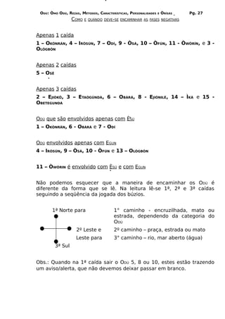 ODÚ: ÒMÓ ODÚ, REZAS, MÉTODOS, CARACTERÍSTICAS, PERSONALIDADES   E   ÒRÌSÁS   Pg. 27
                   COMO   E QUANDO DEVE-SE ENCAMINHAR AS FASES NEGATIVAS



Apenas 1 caída
1 – OKÒNRÁN, 4 – IRÒSÚN, 7 – ODÍ, 9 - ÒSÁ, 10 – ÒFÚN, 11 - ÒWÓRÍN, e 3 -
OLÒGBÓN


Apenas 2 caídas
5 – OSÊ


Apenas 3 caídas
2 – EJIÒKÔ, 3 – ETAÒGÚNDÁ, 6 – OBÀRÁ, 8 - EJIÒNILÉ, 14 – ÌKÁ e 15 -
OBETEGUNDÁ


ODÚ que são envolvidos apenas com ÈSÚ
1 – OKÒNRÁN, 6 - OBÀRÁ e 7 - ODÍ


ODÚ envolvidos apenas com EGUN
4 – IRÒSÚN, 9 – ÒSÁ, 10 - ÒFÚN e 13 – OLÒGBÓN


11 – ÒWÓRIN é envolvido com ÈSÚ e com EGUN


Não podemos esquecer que a maneira de encaminhar os ODÚ é
diferente da forma que se lê. Na leitura lê-se 1ª, 2ª e 3ª caídas
seguindo a seqüência da jogada dos búzios.


       1ª Norte para                    1° caminho - encruzilhada, mato ou
                                        estrada, dependendo da categoria do
                                        ODÚ
                    2º Leste e          2º caminho – praça, estrada ou mato
                    Leste para          3° caminho – rio, mar aberto (água)
          3ª Sul


Obs.: Quando na 1ª caída sair o ODÚ 5, 8 ou 10, estes estão trazendo
um aviso/alerta, que não devemos deixar passar em branco.
 
