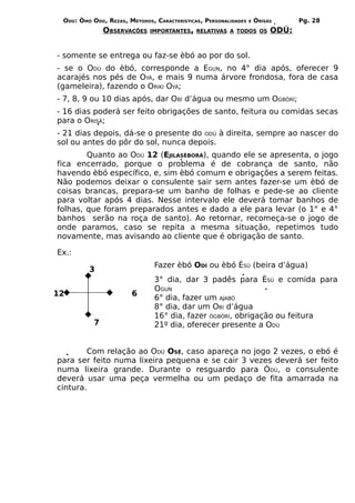 ODÚ: ÒMÓ ODÚ, REZAS, MÉTODOS, CARACTERÍSTICAS, PERSONALIDADES   E   ÒRÌSÁS      Pg. 28
               OBSERVAÇÕES   IMPORTANTES, RELATIVAS A TODOS OS            ODÚ:


- somente se entrega ou faz-se èbó ao por do sol.
- se o ODÚ do èbó, corresponde a EGUN, no 4° dia após, oferecer 9
acarajés nos pés de OYÁ, e mais 9 numa árvore frondosa, fora de casa
(gameleira), fazendo o ORIKI OYÁ;
- 7, 8, 9 ou 10 dias após, dar OBÍ d’água ou mesmo um OGBÒRÍ;
- 16 dias poderá ser feito obrigações de santo, feitura ou comidas secas
para o ORISÁ;
- 21 dias depois, dá-se o presente do ODÚ à direita, sempre ao nascer do
sol ou antes do pôr do sol, nunca depois.
        Quanto ao ODÚ 12 (EJILASÈBORÁ), quando ele se apresenta, o jogo
fica encerrado, porque o problema é de cobrança de santo, não
havendo èbó específico, e, sim èbó comum e obrigações a serem feitas.
Não podemos deixar o consulente sair sem antes fazer-se um èbó de
coisas brancas, prepara-se um banho de folhas e pede-se ao cliente
para voltar após 4 dias. Nesse intervalo ele deverá tomar banhos de
folhas, que foram preparados antes e dado a ele para levar (o 1° e 4°
banhos serão na roça de santo). Ao retornar, recomeça-se o jogo de
onde paramos, caso se repita a mesma situação, repetimos tudo
novamente, mas avisando ao cliente que é obrigação de santo.

Ex.:
                               Fazer èbó ODÍ ou èbó ÈSÚ (beira d’água)
         3
                               3° dia, dar 3 padês para ÈSÚ e comida para
                               OGUN
12                     6
                               6° dia, fazer um AJABÓ
                               8° dia, dar um OBI d’água
                               16° dia, fazer ÒGBÒRÍ, obrigação ou feitura
           7                   21º dia, oferecer presente a ODÚ


        Com relação ao ODÚ OSÊ, caso apareça no jogo 2 vezes, o ebó é
para ser feito numa lixeira pequena e se cair 3 vezes deverá ser feito
numa lixeira grande. Durante o resguardo para ÒDÚ, o consulente
deverá usar uma peça vermelha ou um pedaço de fita amarrada na
cintura.
 