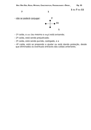 ODÚ: ÒMÓ ODÚ, REZAS, MÉTODOS, CARACTERÍSTICAS, PERSONALIDADES   E   ÒRÌSÁS        Pg. 35

                                                                              1 ou 7 ou 11
       7                                 1


- não se poderá conjugar:                      7

                                                    11


                                                       1

- 1ª caída, o   ODÚ   (ou mesmo o    ORISÁ)   está avisando;
- 2ª caída, está sendo prejudicado;
- 3ª caída, está sendo punido, castigado, e a
- 4ª caída, está se propondo a ajudar ou está dando proteção, desde
 que eliminados os eventuais entraves das caídas anteriores.
 