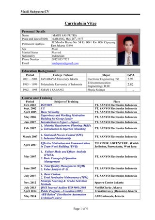 Maidi Sahputra CV
Page 1 of 4
Curriculum Vitae
Personal Details
Name MAIDI SAHPUTRA
Place and date of birth SABANG, May 28th
, 1977
Permanent Address
Jl. Mandor Hasan No. 54 Rt. 004 / Rw. 006, Cipayung
East Jakarta 13840
Sex Male
Marital Status Married
Nationality Indonesian
Phone Number 0812 813 7521
Email msahputra@gmail.com
Education Background
Period College / School Major GPA
2001 – 2003 JAYABAYA University Jakarta Electronic Engineering / S1 2.93
1995 – 1999 Polytechnic University of Indonesia
Telecommunication
Engineering / D III
2.82
1992 – 1995 SMAN 1 SABANG Physic Science -
Course and Training
Period Subject of Training Place
Oct. 2002 ISO 9001 PT. SANYO Electronics Indonesia
Sept. 2002 5 S PT. SANYO Electronics Indonesia
April 2005 Basic Mentality PT. SANYO Electronics Indonesia
May 2006
Supervisory and Working Motivation
Building for Group Leader
PT. SANYO Electronics Indonesia
Jan. 2007 Introduction to Export – Import PT. SANYO Electronics Indonesia
Feb. 2007
1. Material Requirement Planning (MRP)
2. Introduction to Injection Moulding PT. SANYO Electronics Indonesia
March 2007
1. Statistical Process Control (SPC)
2. Industrial Relationship
PT. SANYO Electronics Indonesia
April 2007
Effective Motivation and Communication
in Team Work Building (TWB)
PELOPOR ADVENTURE, Waduk
Jatiluhur, Purwakarta, West Java
May 2007
1. Failure Mode and Effects Analysis
(FMEA)
2. Basic Concept of Operation
Management
PT. SANYO Electronics Indonesia
June 2007
1. Total Quality Management (TQM)
2. Value Analysis (VA) PT. SANYO Electronics Indonesia
July 2007
1. Basic Custom
2. Total Productive Maintenance (TPM)
PT. SANYO Electronics Indonesia
Nov. 2012
Strategic Sourcing & Vendor Selection
Methods
Spectra Center Jakarta
July 2013 QMS Internal Auditor ISO 9001:2008 NevilleClarke Jakarta
April 2014 Public Program – Execution (4DX) FranklinCovey (Dunamis) Jakarta
May 2014
ABB Relion®
Distribution Automation
Technical Course
ABB Indonesia, Jakarta
 