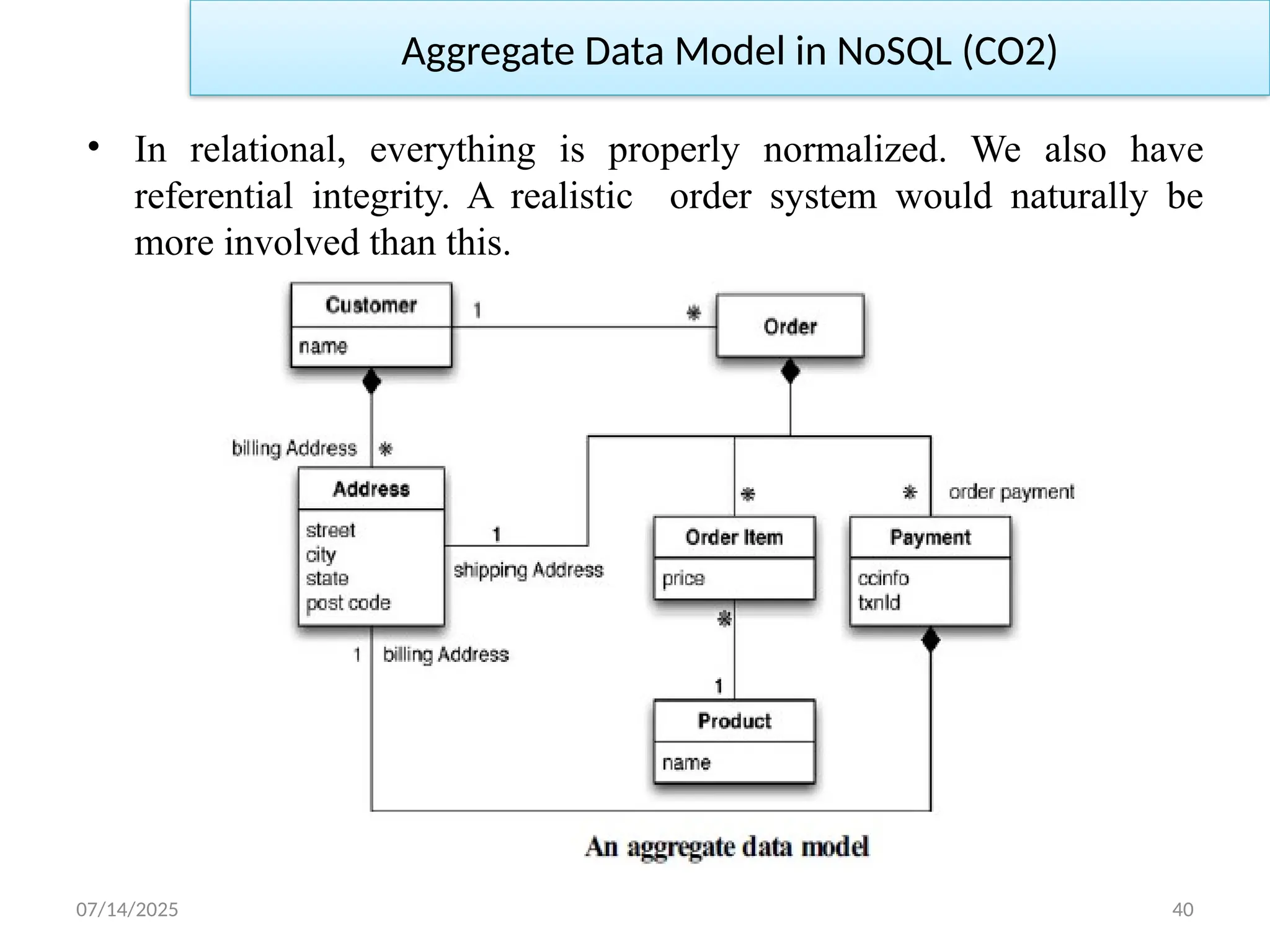 07/14/2025 40
• In relational, everything is properly normalized. We also have
referential integrity. A realistic order system would naturally be
more involved than this.
Aggregate Data Model in NoSQL (CO2)
 