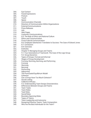 304. Eye Contact
305. Facial Expressions
306. Posture
307. Touch
308. Space
309. Communication Channels
310. Direction of Communication Within Organizations
311. External Communications
312. Press Releases
313. Ads
314. Web Pages
315. Customer Communications
316. 8.5: The Role of Ethics and National Culture
317. Ethics and Communication
318. Cross-Cultural Communication
319. 8.6: Employee Satisfaction Translates to Success: The Case of Edward Jones
320. 8.7: Conclusion
321. 8.8: Exercises
322. Endnotes
323. Chapter 9: Managing Groups and Teams
324. 9.1: Four Generations of Teamwork: The Case of the Lego Group
325. 9.2: Group Dynamics
326. Types of Groups: Formal and Informal
327. Stages of Group Development
328. Forming, Storming, Norming, and Performing
329. Forming
330. Storming
331. Norming
332. Performing
333. Adjourning
334. The Punctuated-Equilibrium Model
335. Cohesion
336. Can a Group Have Too Much Cohesion?
337. Social Loafing
338. Collective Efficacy
339. 9.3: Understanding Team Design Characteristics
340. Differences Between Groups and Teams
341. Team Tasks
342. Team Roles
343. Task Roles
344. Social Roles
345. Boundary-Spanning Roles
346. Types of Teams
347. Team Leadership and Autonomy
348. Designing Effective Teams: Team Composition
349. Who Are the Best Individuals for the Team?
 