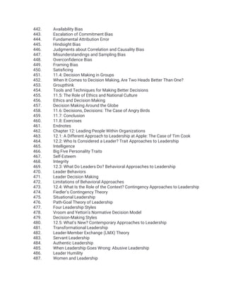 442. Availability Bias
443. Escalation of Commitment Bias
444. Fundamental Attribution Error
445. Hindsight Bias
446. Judgments about Correlation and Causality Bias
447. Misunderstandings and Sampling Bias
448. Overconfidence Bias
449. Framing Bias
450. Satisficing
451. 11.4: Decision Making in Groups
452. When It Comes to Decision Making, Are Two Heads Better Than One?
453. Groupthink
454. Tools and Techniques for Making Better Decisions
455. 11.5: The Role of Ethics and National Culture
456. Ethics and Decision Making
457. Decision Making Around the Globe
458. 11.6: Decisions, Decisions: The Case of Angry Birds
459. 11.7: Conclusion
460. 11.8: Exercises
461. Endnotes
462. Chapter 12: Leading People Within Organizations
463. 12.1: A Different Approach to Leadership at Apple: The Case of Tim Cook
464. 12.2: Who Is Considered a Leader? Trait Approaches to Leadership
465. Intelligence
466. Big Five Personality Traits
467. Self-Esteem
468. Integrity
469. 12.3: What Do Leaders Do? Behavioral Approaches to Leadership
470. Leader Behaviors
471. Leader Decision Making
472. Limitations of Behavioral Approaches
473. 12.4: What Is the Role of the Context? Contingency Approaches to Leadership
474. Fiedler’s Contingency Theory
475. Situational Leadership
476. Path-Goal Theory of Leadership
477. Four Leadership Styles
478. Vroom and Yetton’s Normative Decision Model
479. Decision-Making Styles
480. 12.5: What’s New? Contemporary Approaches to Leadership
481. Transformational Leadership
482. Leader-Member Exchange (LMX) Theory
483. Servant Leadership
484. Authentic Leadership
485. When Leadership Goes Wrong: Abusive Leadership
486. Leader Humility
487. Women and Leadership
 