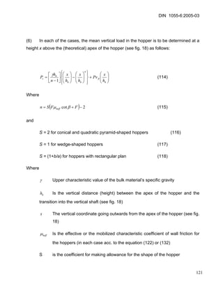 DIN 1055-6:2005-03 
(6) In each of the cases, the mean vertical load in the hopper is to be determined at a height x above the (theoretical) apex of the hopper (see fig. 18) as follows: 
⎟⎟⎠ ⎞ ⎜⎜⎝ ⎛ + ⎪⎭ ⎪⎬⎫ ⎪⎩ ⎪⎨⎧ ⎟⎟⎠ ⎞ ⎜⎜⎝ ⎛ −⎟⎟⎠ ⎞ ⎜⎜⎝ ⎛ ⎥⎦ ⎤ ⎢⎣ ⎡ − = hftnhhhvhxPvhxhxnhP1 γ (114) 
Where 
()2cot−+=FFSnheffβμ (115) 
and 
S = 2 for conical and quadratic pyramid-shaped hoppers (116) 
S = 1 for wedge-shaped hoppers (117) 
S = (1+b/a) for hoppers with rectangular plan (118) 
Where 
γ Upper characteristic value of the bulk material’s specific gravity 
Is the vertical distance (height) between the apex of the hopper and the transition into the vertical shaft (see fig. 18) hh 
x The vertical coordinate going outwards from the apex of the hopper (see fig. 18) 
heffμ Is the effective or the mobilized characteristic coefficient of wall friction for the hoppers (in each case acc. to the equation (122) or (132) 
S is the coefficient for making allowance for the shape of the hopper 
121 
 