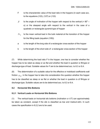 DIN 1055-6:2005-03 
F is the characteristic value of the load ratio in the hoppers (in each case acc. to the equations (123), (127) or (133) 
β Is the angle of inclination of the hopper with respect to the vertical (= 90o – α) or the steepest angle with respect to the vertical in the case of a quadratic or rectangular pyramid type of hopper 
ftPv Is the mean vertical load in the bulk material at the transition of the hopper for the filling loads (equation (109)) 
a is the length of the long side of a rectangular cross-section of the hopper 
b is the length of the short side of a rectangular cross-section of the hopper 
(7) While determining the load ratio F in the hopper, one has to consider whether the hopper has to be rated as steep or as flat and whether the load in question is fill-type or discharge-type of load. Suitable values for F are to be determined acc. to 8.3 or 8.4. 
(8) The determination of a suitable value for the effective or mobilized coefficients wall friction heff μ in the hopper has to take into consideration the question whether the hopper has to be classified as steep or as flat or whether the load in question is of fill-type or discharge-type. Suitable values are to be determined acc. to 8.3 or 8.4. 
8.2 Horizontal Silo Bottoms 
8.2.1 Vertical Loads on Horizontal Silo Bottoms 
(1) The vertical loads on horizontal silo bottoms (inclination α ≤ 5o) can approximately be taken as constant, except if the silo is classified as low and medium-slim. In such cases the specification in 8.2.2 are to be used. 
122 
 