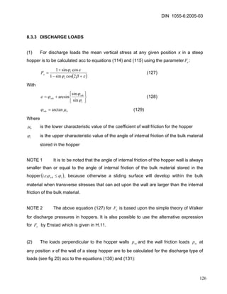 DIN 1055-6:2005-03 
8.3.3 DISCHARGE LOADS 
(1) For discharge loads the mean vertical stress at any given position x in a steep hopper is to be calculated acc to equations (114) and (115) using the parameter: eF 
( ) εβϕεϕ +− + = 2cossin1cossin1iieF (127) 
With 
⎭⎬⎫ ⎩⎨⎧ += iwhwhϕϕϕε sinsinarcsin (128) 
hwhμϕarctan= (129) 
Where 
hμ is the lower characteristic value of the coefficient of wall friction for the hopper 
iϕ is the upper characteristic value of the angle of internal friction of the bulk material stored in the hopper 
NOTE 1 It is to be noted that the angle of internal friction of the hopper wall is always smaller than or equal to the angle of internal friction of the bulk material stored in the hopper(iwhei ) ϕϕ≤.., because otherwise a sliding surface will develop within the bulk material when transverse stresses that can act upon the wall are larger than the internal friction of the bulk material. 
NOTE 2 The above equation (127) for is based upon the simple theory of Walker for discharge pressures in hoppers. It is also possible to use the alternative expression for by Enstad which is given in H.11. eFeF 
(2) The loads perpendicular to the hopper walls and the wall friction loads at any position x of the wall of a steep hopper are to be calculated for the discharge type of loads (see fig 20) acc to the equations (130) and (131): neptep 
126 
 