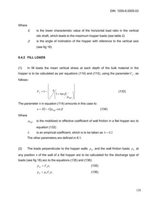 DIN 1055-6:2005-03 
Where 
K is the lower characteristic value of the horizontal load ratio in the vertical silo shaft, which leads to the maximum hopper loads (see table 2) 
β is the angle of inclination of the hopper with reference to the vertical axis (see fig 18) 
8.4.2 FILL LOADS 
(1) In fill loads the mean vertical stress at each depth of the bulk material in the hopper is to be calculated as per equations (114) and (115), using the parameter, as follows: fF 
⎪⎪⎭ ⎪⎪⎬ ⎫ ⎪⎪⎩ ⎪⎪⎨ ⎧ ⎟⎠ ⎞ ⎜⎝ ⎛+ −= hefffbF μβtan11 (133) 
The parameter n in equation (114) amounts in this case to: 
()βμcot1heffbSn−= (134) 
Where 
heffμ is the mobilized or effective coefficient of wall friction in a flat hopper acc to equation (132) 
b is an empirical coefficient, which is to be taken as 2.0=b 
The other parameters are defined in 8.1. 
(2) The loads perpendicular to the hopper walls and the wall friction loads at any position x of the wall of a flat hopper are to be calculated for the discharge type of loads (see fig 18) acc to the equations (135) and (136): nfptep 
(135) venepFp= 
vehtepFpμ= (136) 
128 
 