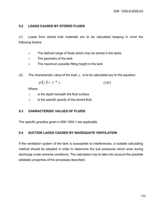 DIN 1055-6:2005-03 
9.2 LOADS CAUSED BY STORED FLUIDS 
(1) Loads from stored bulk materials are to be calculated keeping in mind the following factors: 
-- The defined range of fluids which may be stored in the tanks 
-- The geometry of the tank 
-- The maximum possible filling height in the tank 
(2) The characteristic value of the load is to be calculated acc to the equation: p 
()zzp*γ= (137) 
Where 
is the depth beneath the fluid surface z 
γ is the specific gravity of the stored fluid 
9.3 CHARACTERISIC VALUES OF FLUIDS 
The specific gravities given in DIN 1055-1 are applicable. 
9.4 SUCTION LAODS CAUSED BY INADEQUATE VENTILATION 
If the ventilation system of the tank is susceptible to interferences, a suitable calculating method should be adopted in order to determine the sub pressures which arise during discharge under extreme conditions. The calculation has to take into account the possible adiabatic properties of the processes described. 
130 
 