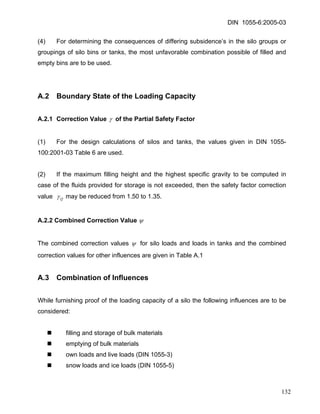 DIN 1055-6:2005-03 
(4) For determining the consequences of differing subsidence’s in the silo groups or groupings of silo bins or tanks, the most unfavorable combination possible of filled and empty bins are to be used. 
A.2 Boundary State of the Loading Capacity 
A.2.1 Correction Value γ of the Partial Safety Factor 
(1) For the design calculations of silos and tanks, the values given in DIN 1055- 100:2001-03 Table 6 are used. 
(2) If the maximum filling height and the highest specific gravity to be computed in case of the fluids provided for storage is not exceeded, then the safety factor correction value Qγ may be reduced from 1.50 to 1.35. 
A.2.2 Combined Correction Value ψ 
The combined correction values ψ for silo loads and loads in tanks and the combined correction values for other influences are given in Table A.1 
A.3 Combination of Influences 
While furnishing proof of the loading capacity of a silo the following influences are to be considered: 
„ filling and storage of bulk materials 
„ emptying of bulk materials 
„ own loads and live loads (DIN 1055-3) 
„ snow loads and ice loads (DIN 1055-5) 
132 
 