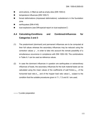 DIN 1055-6:2005-03 
„ wind actions, in filled as well as empty silos (DIN 1055-4) 
„ temperature influences (DIN 1055-7) 
„ forced deformations (impressed deformations): subsidence’s in the foundation zone 
„ earthquakes (DIN 4149) 
„ dust explosions (see DIN-special report on dust explosions1) 
A.4 Calculating-Conditions and Combined-Influences for Categories 2 and 3 
(1) The predominant (dominant) and permanent influences are to be computed at their full values whereas the secondary influences may be reduced using the correction values ψ , in order to take into account the remote possibility of a simultaneous occurrence in compliance with DIN 1055-100. The combinations in Table A.1 can be used as reference values. 
(2) In case the dominant influences in question are earthquakes or extraordinary influences of loads, the secondary influences for the bulk material loads can be calculated using the mean values of the coefficients of wall frictionmμ, of the horizontal load ratio, and of the hopper load ratio value, subject to the condition that the suitable procedures given in 7.1, 7.3 and 8.1 are used. mKmF 
------- 1) under preparation 
133 
 