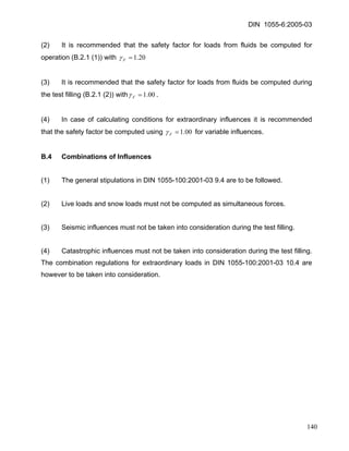 DIN 1055-6:2005-03 
(2) It is recommended that the safety factor for loads from fluids be computed for operation (B.2.1 (1)) with 20.1=Fγ 
(3) It is recommended that the safety factor for loads from fluids be computed during the test filling (B.2.1 (2)) with00.1=Fγ. 
(4) In case of calculating conditions for extraordinary influences it is recommended that the safety factor be computed using 00.1=Fγ for variable influences. 
B.4 Combinations of Influences 
(1) The general stipulations in DIN 1055-100:2001-03 9.4 are to be followed. 
(2) Live loads and snow loads must not be computed as simultaneous forces. 
(3) Seismic influences must not be taken into consideration during the test filling. 
(4) Catastrophic influences must not be taken into consideration during the test filling. The combination regulations for extraordinary loads in DIN 1055-100:2001-03 10.4 are however to be taken into consideration. 
140 
 