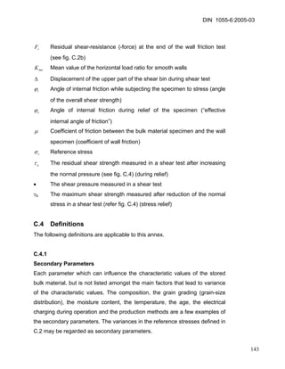 DIN 1055-6:2005-03 
rF Residual shear-resistance (-force) at the end of the wall friction test (see fig. C.2b) 
moK Mean value of the horizontal load ratio for smooth walls 
Δ Displacement of the upper part of the shear bin during shear test 
iϕ Angle of internal friction while subjecting the specimen to stress (angle of the overall shear strength) 
cϕ Angle of internal friction during relief of the specimen (“effective internal angle of friction”) 
μ Coefficient of friction between the bulk material specimen and the wall specimen (coefficient of wall friction) 
rσ Reference stress 
aτ The residual shear strength measured in a shear test after increasing the normal pressure (see fig. C.4) (during relief) 
• The shear pressure measured in a shear test 
τb The maximum shear strength measured after reduction of the normal stress in a shear test (refer fig. C.4) (stress relief) 
C.4 Definitions 
The following definitions are applicable to this annex. 
C.4.1 
Secondary Parameters 
Each parameter which can influence the characteristic values of the stored bulk material, but is not listed amongst the main factors that lead to variance of the characteristic values. The composition, the grain grading (grain-size distribution), the moisture content, the temperature, the age, the electrical charging during operation and the production methods are a few examples of the secondary parameters. The variances in the reference stresses defined in C.2 may be regarded as secondary parameters. 
143 
 