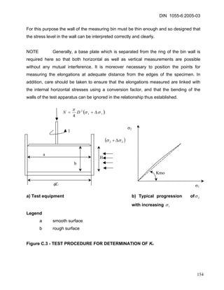DIN 1055-6:2005-03 
For this purpose the wall of the measuring bin must be thin enough and so designed that the stress level in the wall can be interpreted correctly and clearly. 
NOTE Generally, a base plate which is separated from the ring of the bin wall is required here so that both horizontal as well as vertical measurements are possible without any mutual interference. It is moreover necessary to position the points for measuring the elongations at adequate distance from the edges of the specimen. In addition, care should be taken to ensure that the elongations measured are linked with the internal horizontal stresses using a conversion factor, and that the bending of the walls of the test apparatus can be ignored in the relationship thus established. 
()1124 σσπ Δ+=DN 
a 
b 
HDφ 
1 
()22σσΔ+ 
σ2 
σ1 
Kmo 
a) Test equipment b) Typical progression of2σ with increasing 1σ 
Legend 
a smooth surface 
b rough surface 
Figure C.3 - TEST PROCEDURE FOR DETERMINATION OF KO 
154 
 