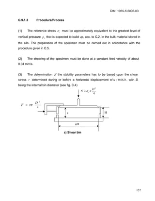 DIN 1055-6:2005-03 
C.9.1.3 Procedure/Process 
(1) The reference stress rσ must be approximately equivalent to the greatest level of vertical pressure that is expected to build up, acc. to C.2, in the bulk material stored in the silo. The preparation of the specimen must be carried out in accordance with the procedure given in C.5. vp 
(2) The shearing of the specimen must be done at a constant feed velocity of about 0.04 mm/s. 
(3) The determination of the stability parameters has to be based upon the shear stress τ determined during or before a horizontal displacement of, with D being the internal bin diameter (see fig. C.4) D06.0=Δ 
a) Shear bin 42DNrπσ= 42DFτπ= 
a 
φD 
H 
157 
 