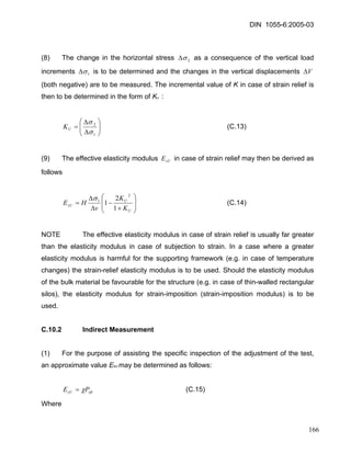 DIN 1055-6:2005-03 
(8) The change in the horizontal stress 2σΔ as a consequence of the vertical load increments 1σΔ is to be determined and the changes in the vertical displacements VΔ (both negative) are to be measured. The incremental value of K in case of strain relief is then to be determined in the form of KU : 
⎟⎟⎠ ⎞ ⎜⎜⎝ ⎛ ΔΔ= 12 σσ UK (C.13) 
(9) The effective elasticity modulus in case of strain relief may then be derived as follows sUE 
⎟⎟ ⎠ ⎞ ⎜⎜ ⎝ ⎛ + − ΔΔ= UUsUKKvHE12121σ (C.14) 
NOTE The effective elasticity modulus in case of strain relief is usually far greater than the elasticity modulus in case of subjection to strain. In a case where a greater elasticity modulus is harmful for the supporting framework (e.g. in case of temperature changes) the strain-relief elasticity modulus is to be used. Should the elasticity modulus of the bulk material be favourable for the structure (e.g. in case of thin-walled rectangular silos), the elasticity modulus for strain-imposition (strain-imposition modulus) is to be used. 
C.10.2 Indirect Measurement 
(1) For the purpose of assisting the specific inspection of the adjustment of the test, an approximate value EsU may be determined as follows: 
vftsUPEχ= (C.15) 
Where 
166 
 