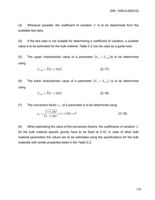DIN 1055-6:2005-03 
(3) Wherever possible, the coefficient of variation δ is to be determined from the available test data. 
(4) If the test data is not suitable for determining a coefficient of variation, a suitable value is to be estimated for the bulk material. Table C.2 can be used as a guide here. 
(5) The upper characteristic value of a parameter ()90,0XXU=is to be determined using 
(δ28.1190,0+=XX ) (C.17) 
(6) The lower characteristic value of a parameter ()90,0XXU= is to be determined using 
(δ28.1110,0−=XX ) (C.18) 
(7) The conversion factor of a parameter is to be determined using Xa 
228.1128.1128.11δδδδ ++≈ − + =Xa (C.19) 
(8) When estimating the value of the conversion factors, the coefficients of variation δ for the bulk material specific gravity have to be fixed at 0.10. In case of other bulk material parameters the values are to be estimated using the specifications for the bulk materials with similar properties listed in the Table C.2. 
170 
 