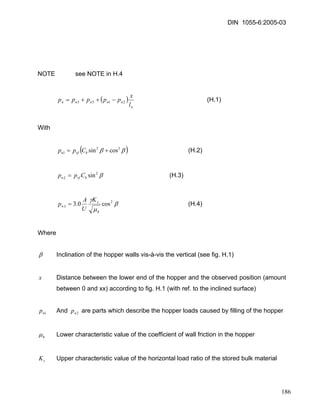 DIN 1055-6:2005-03 
NOTE see NOTE in H.4 
( ) 
nnnnnnlxppppp2133−++= (H.1) 
With 
()ββ221cossin+=bvfnCpp (H.2) 
(H.3) β22sinbvfnCpp= 
βμγ23cos0.3hsnKUAp= (H.4) 
Where 
β Inclination of the hopper walls vis-à-vis the vertical (see fig. H.1) 
x Distance between the lower end of the hopper and the observed position (amount between 0 and xx) according to fig. H.1 (with ref. to the inclined surface) 
1np And are parts which describe the hopper loads caused by filling of the hopper 2np 
hμ Lower characteristic value of the coefficient of wall friction in the hopper 
sK Upper characteristic value of the horizontal load ratio of the stored bulk material 
186 
 