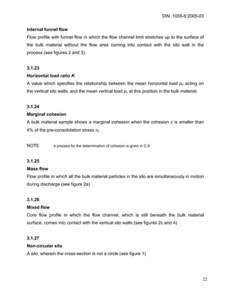 DIN 1055-6:2005-03 
Internal funnel flow 
Flow profile with funnel flow in which the flow channel limit stretches up to the surface of the bulk material without the flow area coming into contact with the silo wall in the process (see figures 2 and 3). 
3.1.23 
Horizontal load ratio K 
A value which specifies the relationship between the mean horizontal load pn acting on the vertical silo walls, and the mean vertical load pv at this position in the bulk material. 
3.1.24 
Marginal cohesion 
A bulk material sample shows a marginal cohesion when the cohesion c is smaller than 4% of the pre-consolidation stress σr 
NOTE a process for the determination of cohesion is given in C.9 
3.1.25 
Mass flow 
Flow profile in which all the bulk material particles in the silo are simultaneously in motion during discharge (see figure 2a) 
3.1.26 
Mixed flow 
Core flow profile in which the flow channel, which is still beneath the bulk material surface, comes into contact with the vertical silo walls (see figures 2c and 4) 
3.1.27 
Non-circular silo 
A silo, wherein the cross-section is not a circle (see figure 1) 
22 
 