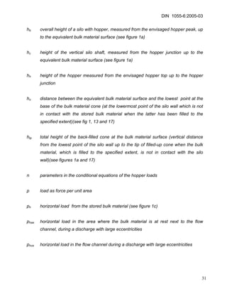 DIN 1055-6:2005-03 
hb overall height of a silo with hopper, measured from the envisaged hopper peak, up to the equivalent bulk material surface (see figure 1a) 
hc height of the vertical silo shaft, measured from the hopper junction up to the equivalent bulk material surface (see figure 1a) 
hh height of the hopper measured from the envisaged hopper top up to the hopper junction 
ho distance between the equivalent bulk material surface and the lowest point at the base of the bulk material cone (at the lowermost point of the silo wall which is not in contact with the stored bulk material when the latter has been filled to the specified extent)(see fig 1, 13 and 17) 
htp total height of the back-filled cone at the bulk material surface (vertical distance from the lowest point of the silo wall up to the tip of filled-up cone when the bulk material, which is filled to the specified extent, is not in contact with the silo wall)(see figures 1a and 17) 
n parameters in the conditional equations of the hopper loads 
p load as force per unit area 
ph horizontal load from the stored bulk material (see figure 1c) 
phae horizontal load in the area where the bulk material is at rest next to the flow channel, during a discharge with large eccentricities 
phce horizontal load in the flow channel during a discharge with large eccentricities 
31 
 