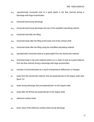 DIN 1055-6:2005-03 
phco asymptomatic horizontal load at a great depth in the flow channel during a discharge with large eccentricities 
phe horizontal load during discharge 
phe,u horizontal load during discharge and use of the simplified calculating method 
phf horizontal load after the filling 
phfb horizontal loads after the filling at the lower end of the vertical shaft 
phf,u horizontal loads after the filling using the simplified calculating material 
pho asymptomatic horizontal loads at a great depth from the stored bulk material 
phse horizontal loads in the bulk material (which is in a state of rest) at a great distance from the flow channel during a discharge with large eccentricities 
phT increase of horizontal loads as a result of temperature differences or changes 
pn loads from the stored bulk material, that are perpendicular to the hopper walls (see figure 1c) 
pne loads during discharge that are perpendicular l to the hopper walls 
pnf loads after the fill that are perpendicular to the hopper walls 
pp reference surface loads 
ppe basic value of the reference surface loads during discharge 32 
 