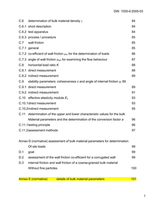 DIN 1055-6:2005-03 
C.6 determination of bulk material density γ 84 
C.6.1 short description 84 
C.6.2 test apparatus 84 
C.6.3 process / procedure 85 
C.7 wall friction 85 
C.7.1 general 85 
C.7.2 co-efficient of wall friction μm for the determination of loads 86 
C.7.3 angle of wall friction ϕwh for examining the flow behaviour 87 
C.8 horizontal load ratio K 88 
C.8.1 direct measurement 88 
C.8.2 indirect measurement 89 
C.9 stability parameters: cohesiveness c and angle of internal friction ϕi 89 
C.9.1 direct measurement 89 
C.9.2 indirect measurement 91 
C.10 effective elasticity module Es 93 
C.10.1 direct measurement 93 
C.10.2 indirect measurement 95 
C.11 determination of the upper and lower characteristic values for the bulk 
Material parameters and the determination of the conversion factor a 96 
C.11.1 testing principle 96 
C.11.2 assessment methods 97 
Annex D (normative) assessment of bulk material parameters for determination 
Of silo loads 99 
D.1 goal 99 
D.2 assessment of the wall friction co-efficient for a corrugated wall 99 
D.3 internal friction and wall friction of a coarse-grained bulk material 
Without fine particles 100 
Annex E (normative) details of bulk material parameters 101 
5 
 