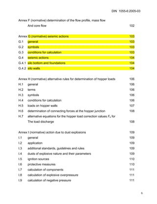 DIN 1055-6:2005-03 
Annex F (normative) determination of the flow profile, mass flow 
And core flow 102 
Annex G (normative) seismic actions 103 
G.1 general 103 
G.2 symbols 103 
G.3 conditions for calculation 103 
G.4 seismic actions 104 
G.4.1 silo bottom and foundations 104 
G.4.2 silo walls 104 
Annex H (normative) alternative rules for determination of hopper loads 106 
H.1 general 106 
H.2 terms 106 
H.3 symbols 106 
H.4 conditions for calculation 106 
H.5 loads on hopper walls 107 
H.6 determination of connecting forces at the hopper junction 108 
H.7 alternative equations for the hopper load correction values Fe for 
The load discharge 108 
Annex I (normative) action due to dust explosions 109 
I.1 general 109 
I.2 application 109 
I.3 additional standards, guidelines and rules 109 
I.4 dusts of explosive nature and their parameters 109 
I.5 ignition sources 110 
I.6 protective measures 110 
I.7 calculation of components 111 
I.8 calculation of explosive overpressure 111 
I.9 calculation of negative pressure 111 
6 
 